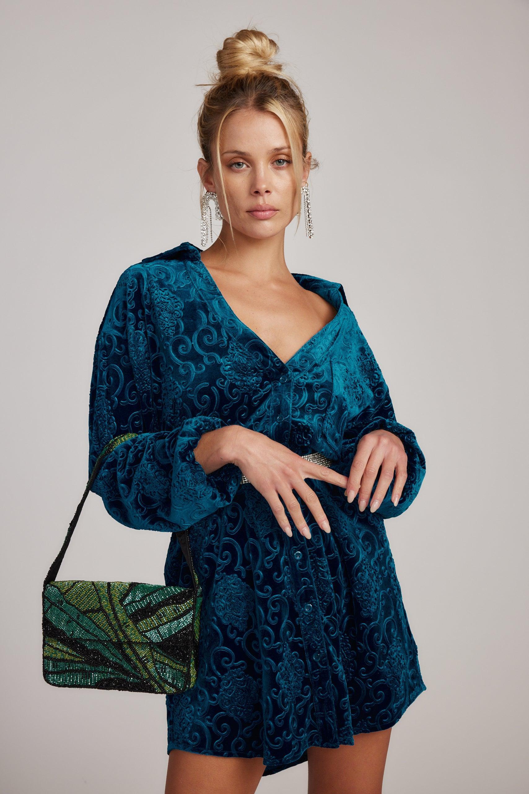 Kali Blue Long Sleeve Velvet Dress Product Image