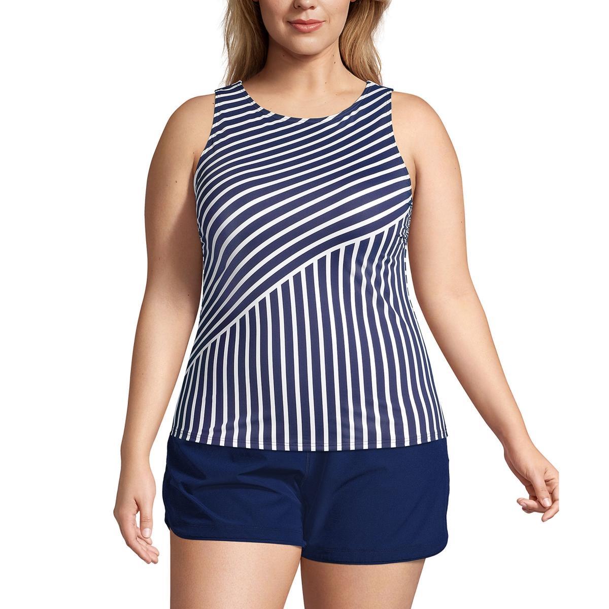 Plus Size Lands End UPF 50 Bust Minimizer Tankini Swimsuit Top, Womens Deep Blue Stripe Product Image