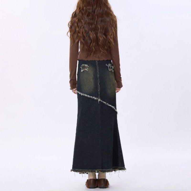 High Waist Star Applique Washed Maxi A-Line Denim Skirt Product Image