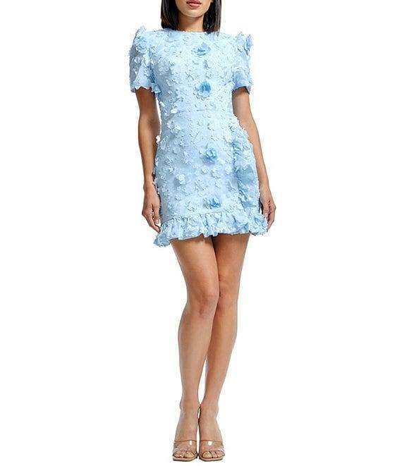 Dress the Population Brittany 3D Flower Embroidered Crew Neck Short Sleeve Ruffle Faux Wrap A-Line Mini Dress Product Image
