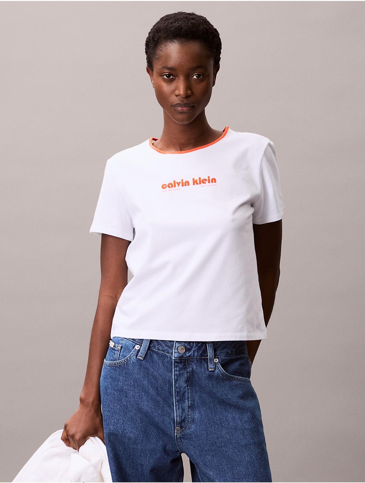 Calvin Klein Womens Round Logo Graphic Classic T-Shirt - White Product Image