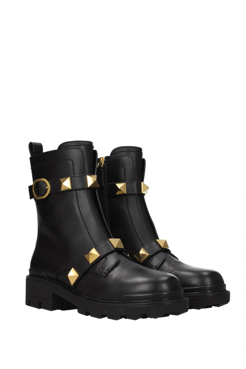 Combat Black Leather Boots With Antique Brass Studs In Nero Product Image