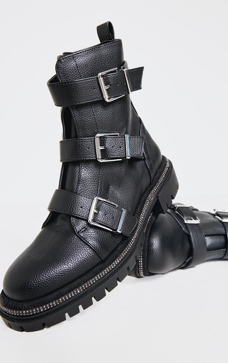 Black Pu Round Toe Buckle Diamante Trim Chunky Ankle Boots Product Image