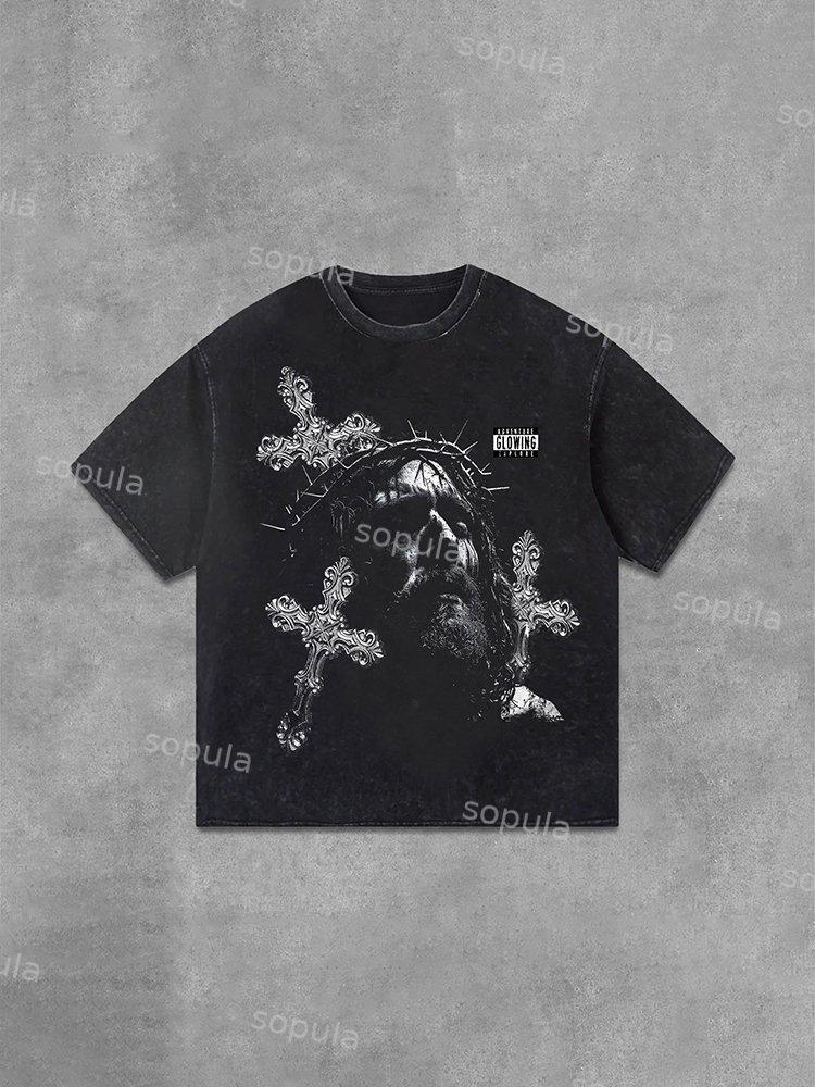 Sopula Retro Jesus Cross Graphic Print Acid Washed T-Shirt Product Image