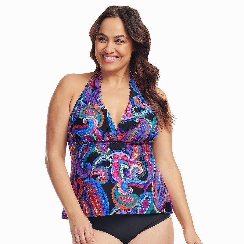 Plus Size Mazu Spring Peony Scallop Halter Tankini Swim Top, Womens Product Image