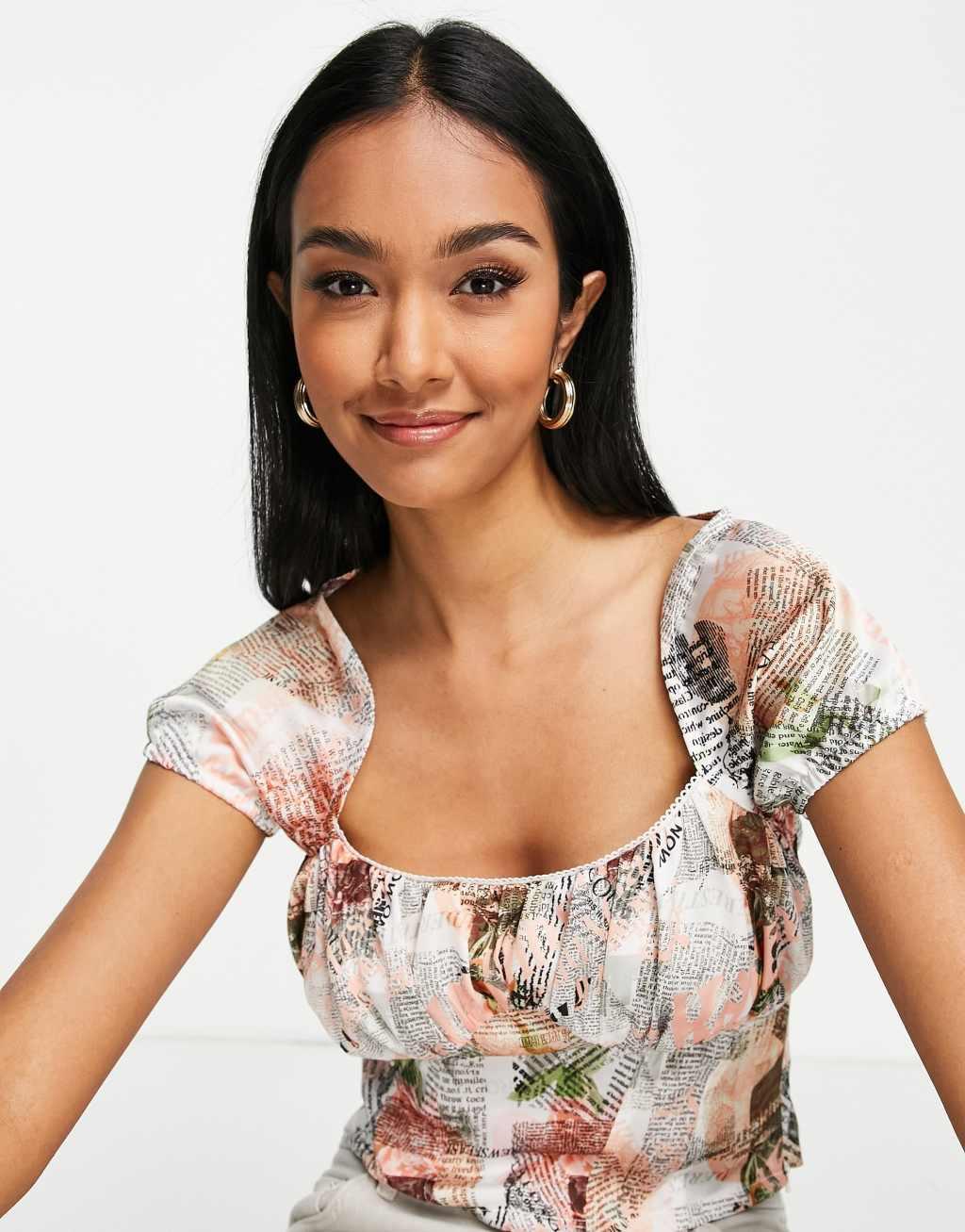 ASOS DESIGN 90s capped sleeve top with corset detail Product Image