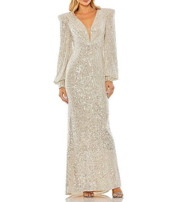 Mac Duggal Deep V-Neck Bishop Sleeve Sequined Gown Product Image
