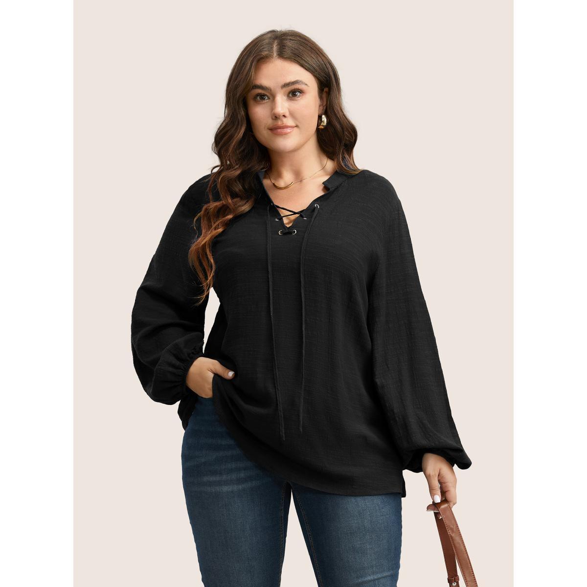 Plus Size Black Plain Lace Up Lantern Sleeve Blouse Women Casual Long Sleeve Shirt collar Everyday Blouses BloomChic 26/4X Product Image