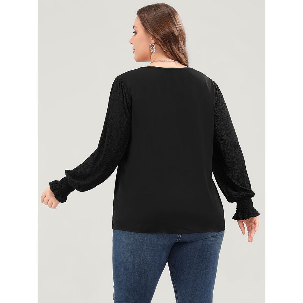 Plus Size Black Solid V Neck Puff Sleeve Blouse Women Elegant Long Sleeve V-neck Dailywear Blouses BloomChic 22-24/3X Product Image
