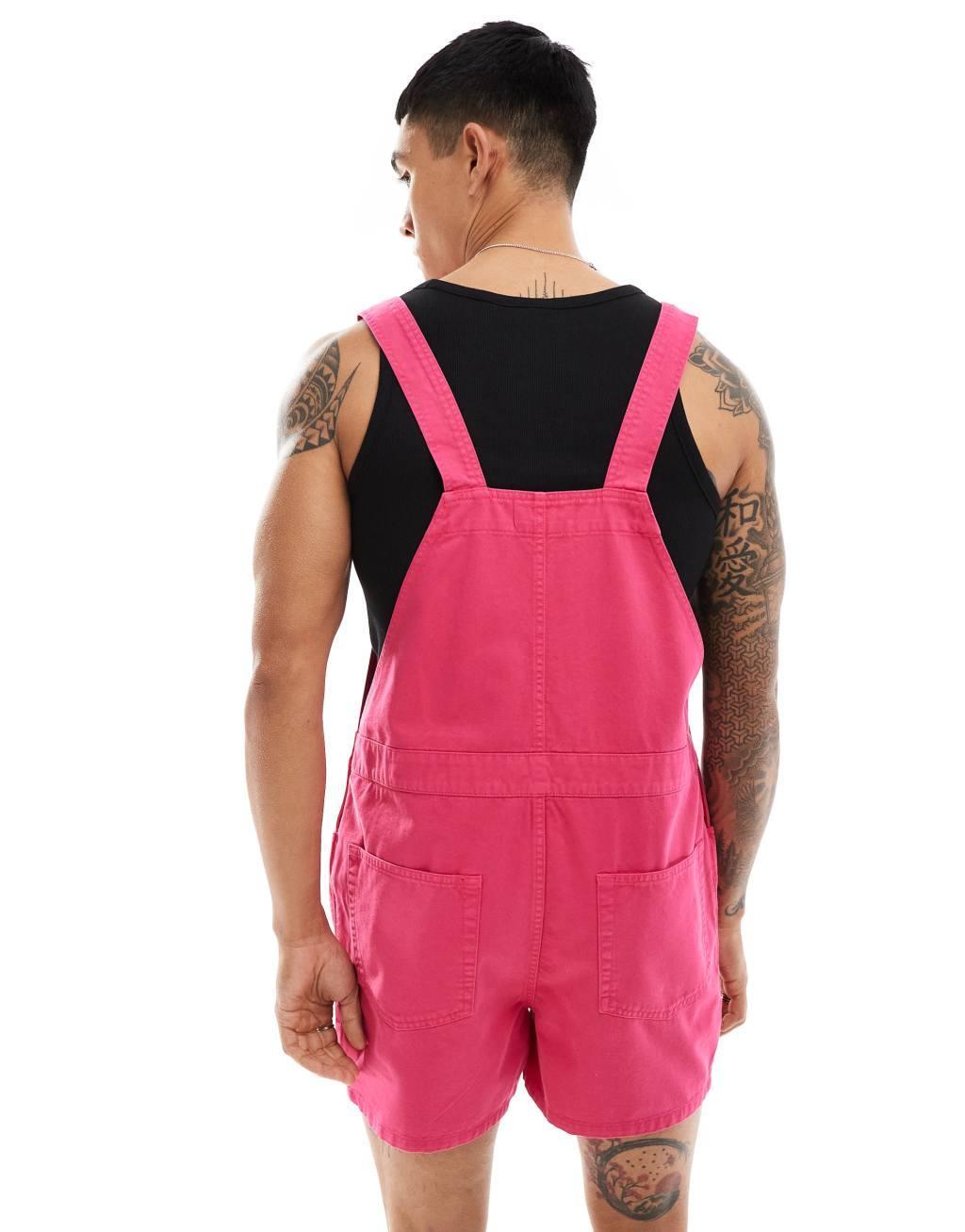 ASOS DESIGN shorter length overalls in bright pink Product Image