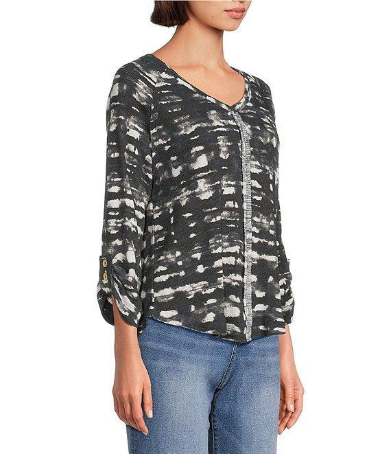 Westbound Petite Size Knit Black and White Watercolor Plaid 3/4 Bell Sleeve V-Neck Top Product Image