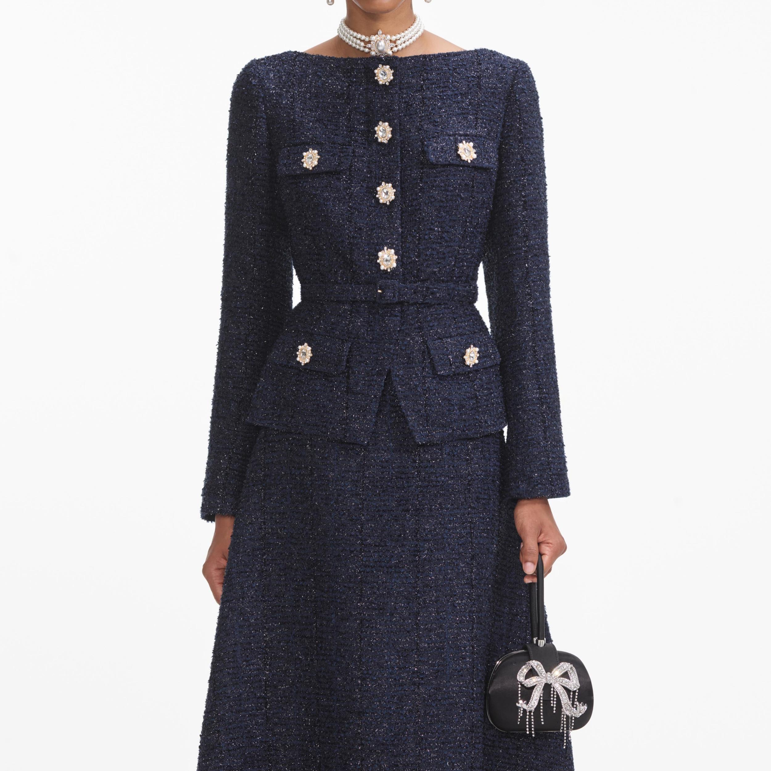Navy Metallic Boucle Midi Dress Product Image