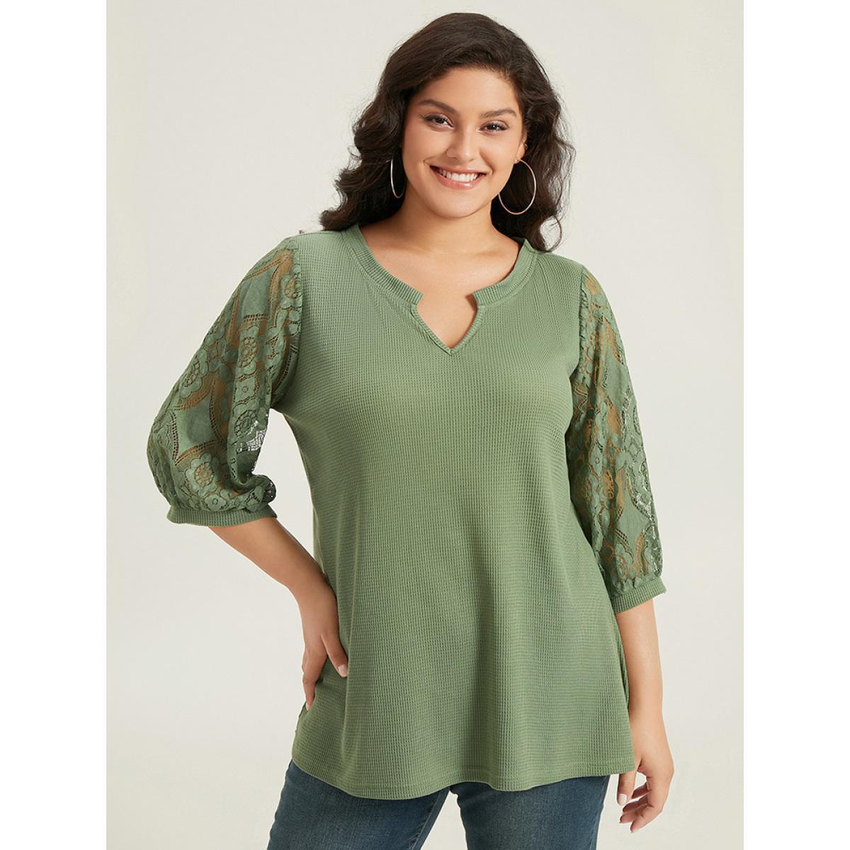 Plus Size Plain Lace Patchwork Notched T-shirt Green Women Elegant Plain Plain Notched collar Dailywear T-shirts BloomChic 14-16/1X Product Image