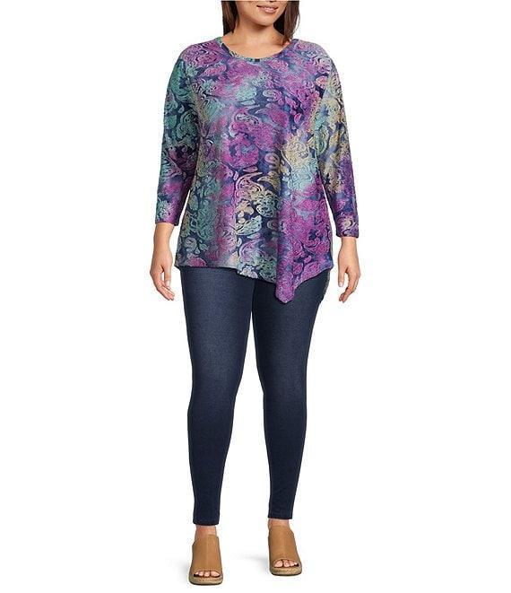 Calessa Plus Size Burnout Knit Tie-Dye Crew Neck 3/4 Sleeve Asymmetrical Hem Tunic Product Image