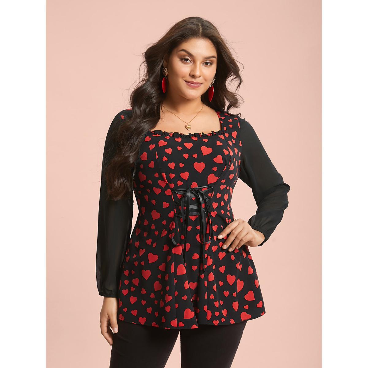 Plus Size Black Heart Print Patchwork Waist-Tie Blouse Women Romantic Extra Long Sleeve Square Neck Elegant Blouses BloomChic 14-16/1X Product Image