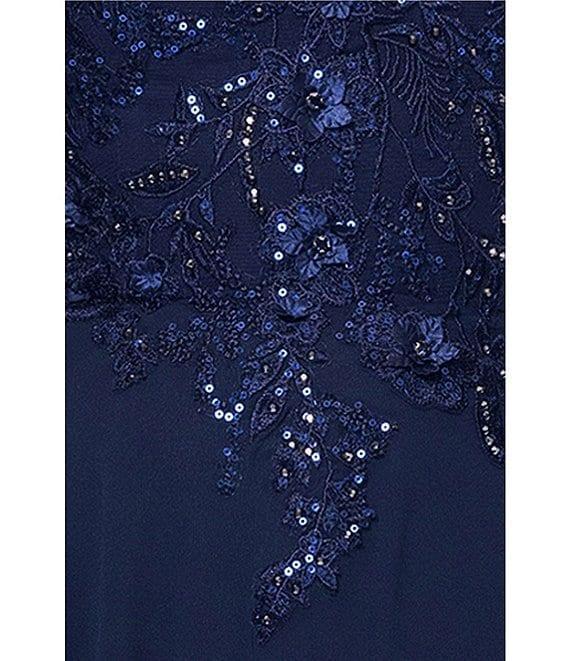 Xscape Chiffon Beaded Mesh Crew Neck Short Sleeve A-Line Gown Product Image