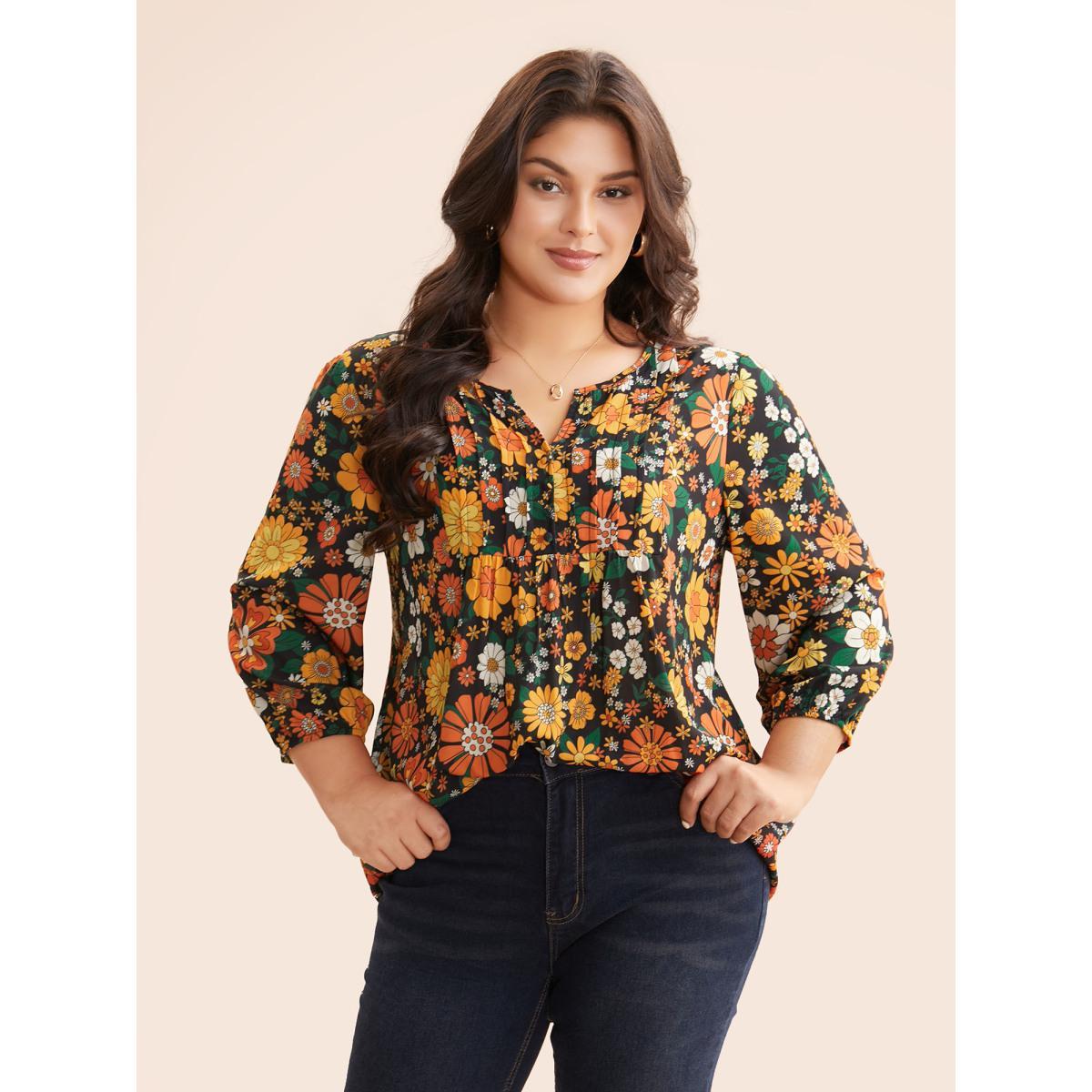 Plus Size Multicolor Natural Flowers Lantern Sleeve Pleated Blouse Women Elegant Elbow-length sleeve Flat collar with V-notch Everyday Blouses BloomChic 26/4X Product Image