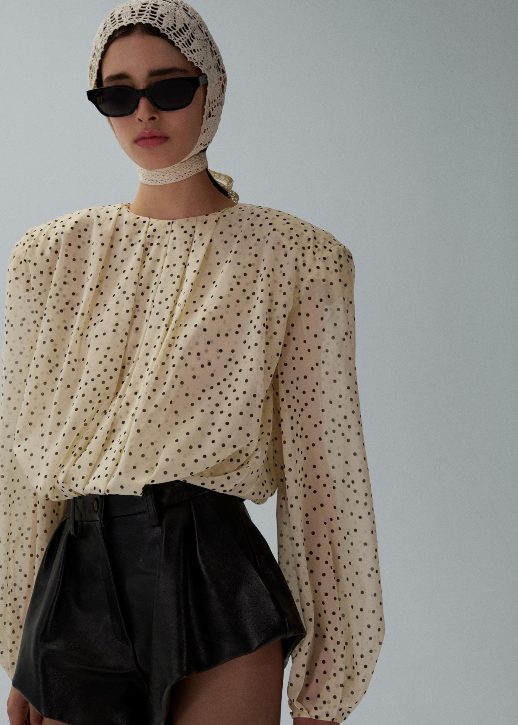 Balloon sleeve silk blouse in cream dots Product Image