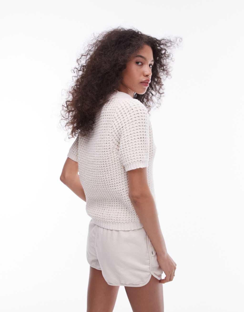 Topshop knit chunky polo top in cream Product Image