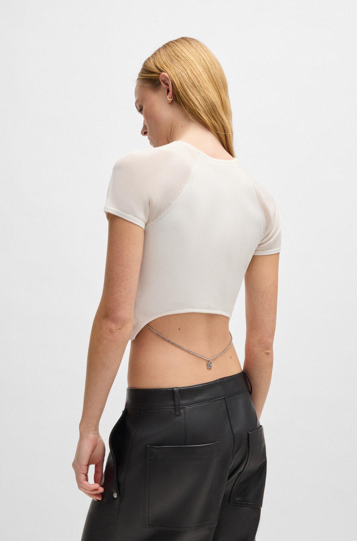 Rib-knit top with sheer panels and logo chain Product Image
