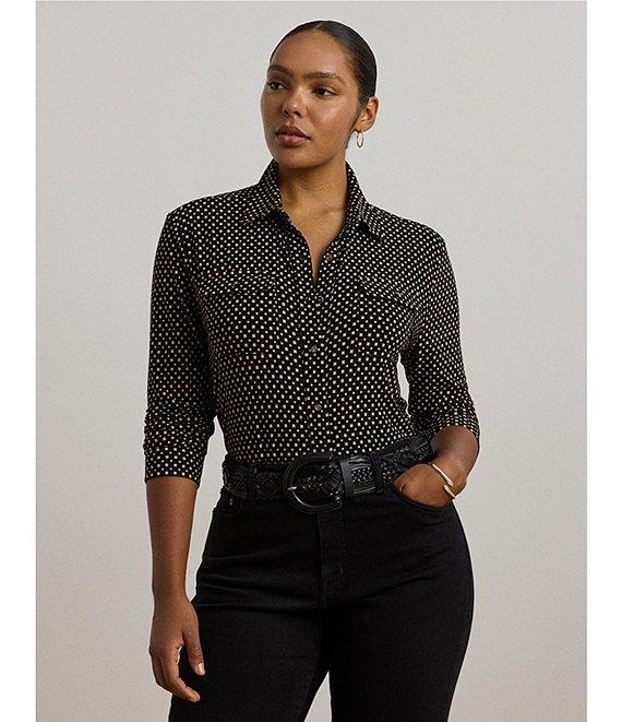 Lauren Ralph Lauren Plus Size Jersey Two-Tone Geometric Collared Long Sleeve Button Front Shirt Product Image