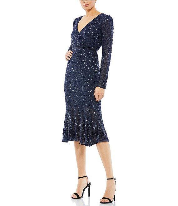 Mac Duggal Sequin Embellished Flounce Hem Surplice V-Neck Long Sleeve Midi Dress Product Image