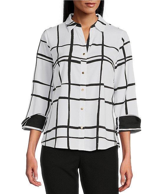 Investments Woven Blocked Plaid 3/4 Sleeve Point Collar Button Front Split Cuff Top Product Image