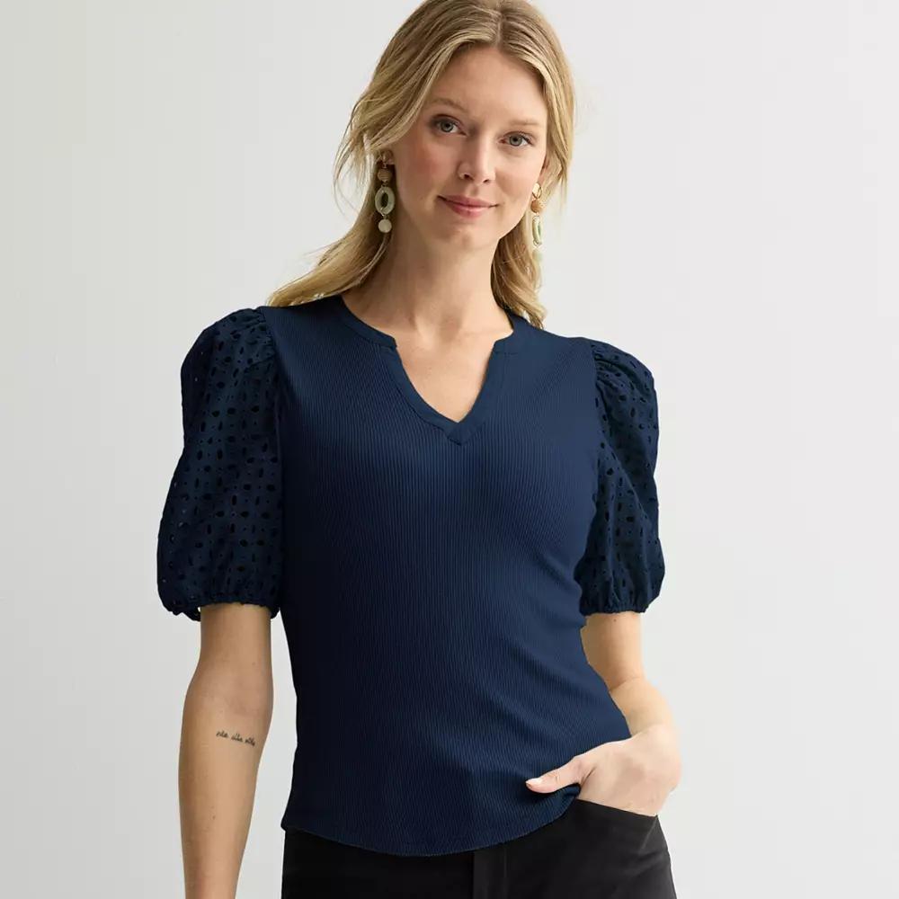 Petite Nine West Mixed Media Puffed Sleeve Y-Neck Top, Womens Product Image