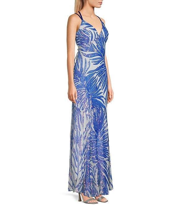 Morgan & Co. Pattern Sequin Cage Back Long Dress Product Image