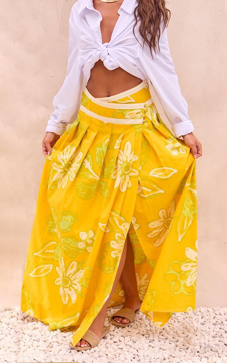 Yellow Floral Printed Asymmetric Waist Flared Maxi Skirt Product Image