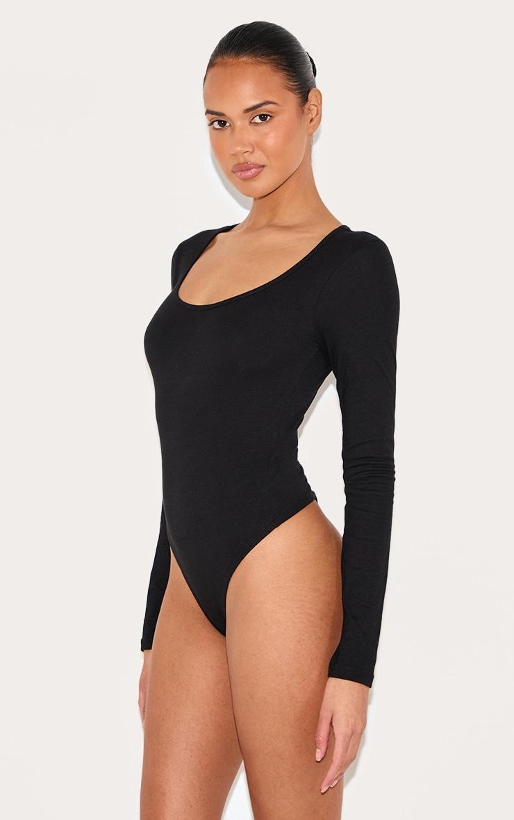 Basic Black Cotton Blend Scoop Neck Long Sleeve Bodysuit Product Image