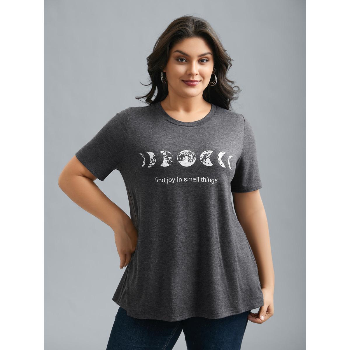 Plus Size Round Neck Lunar Pattern Slim-Fit T-Shirt DimGray Women Casual Non Star and moon Round Neck Everyday T-shirts BloomChic 26/4X Product Image