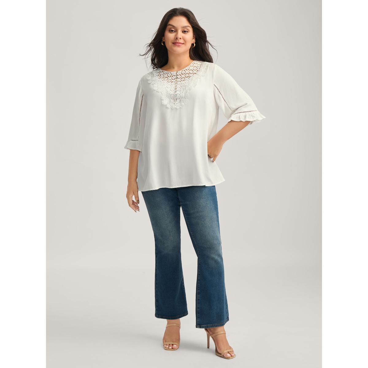 Plus Size WhiteSmoke Lace Spliced Button Detail Blouse Women Elbow-length sleeve Round Neck Elegant Blouses BloomChic 26/4X Product Image