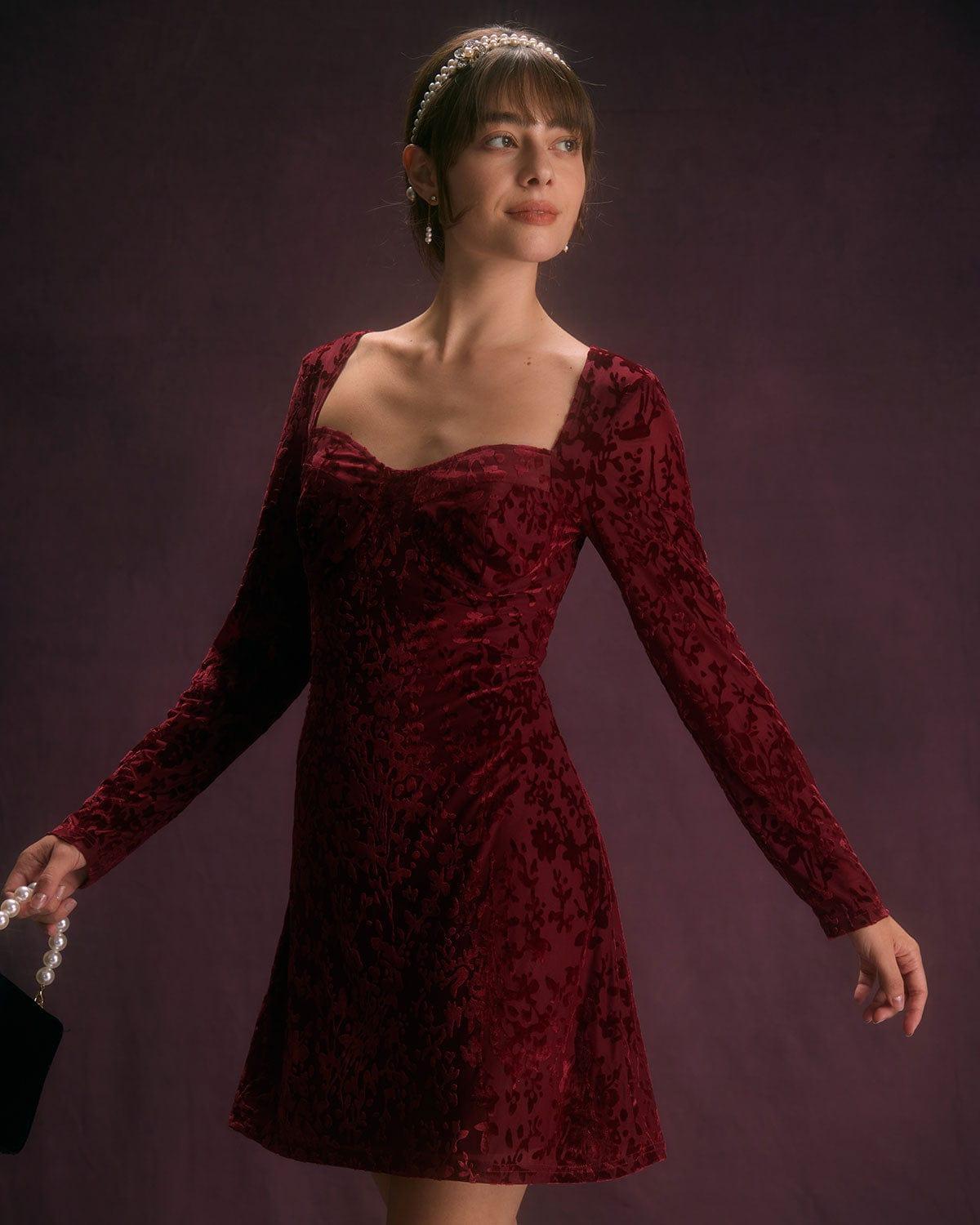 The Wine Red Floral Cutout Back Mini Dress Product Image