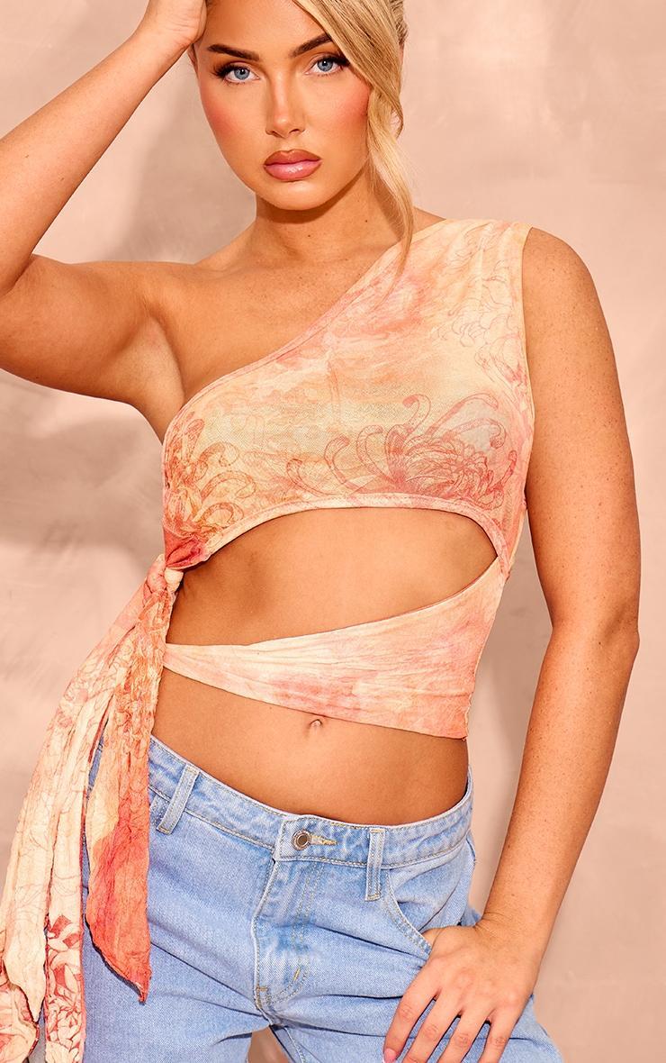 Orange Printed Crinkle Mesh Tie Side Crop Top Product Image