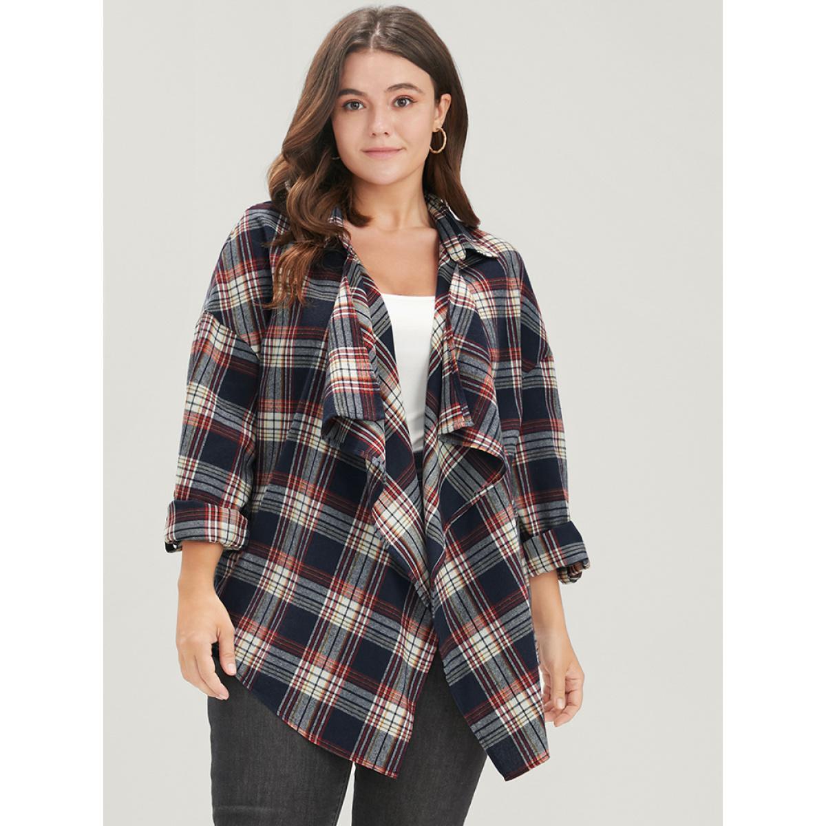 Plus Size Plaid Cuffed Sleeve Asymmetrical Waterfall Collar Coat Women DarkBlue Elegant Asymmetrical Ladies Dailywear Winter Coats BloomChic 12/L Product Image