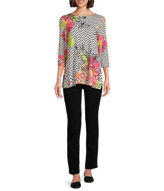 Multiples Petite Size Embellished Placement Print Scoop Neck 3/4 Sleeve Fitted Knit Top Product Image