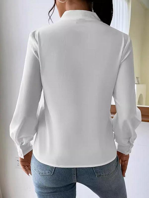 Long Sleeves Loose Pleated Solid Color Split-Joint V-Neck Blouses&Shirts Tops Product Image