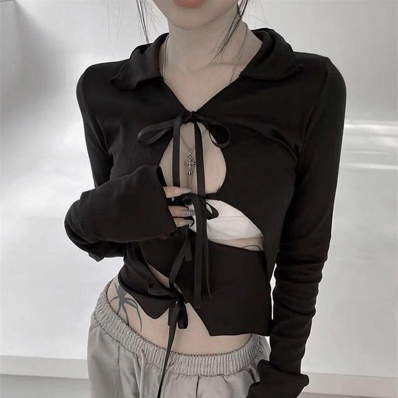 Long-Sleeve Collared Plain Asymmetrical Cutout Tie Front Crop Top Product Image