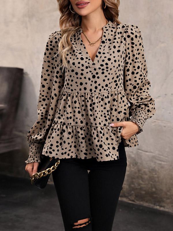Long Sleeves Loose Elasticity Polka-Dot Split-Joint V-Neck Blouses&Shirts Tops Product Image
