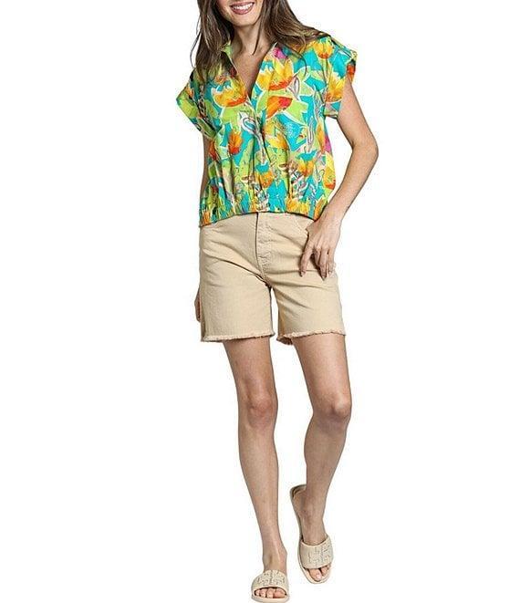 APNY Woven Printed Split V-Neck Short Sleeve Blouse Product Image