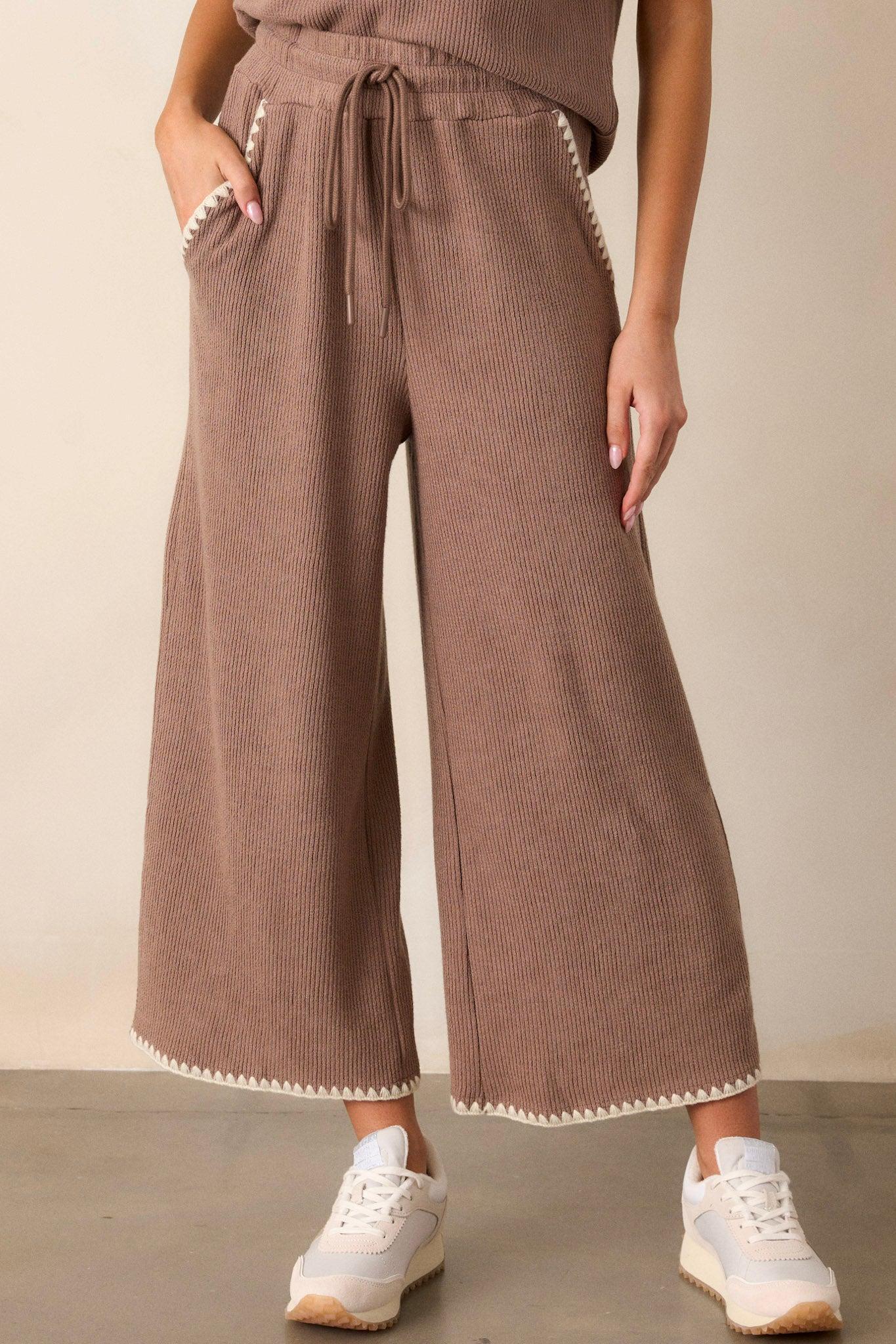 Anytime Now Mocha Blanket Stitch Wide Leg Pants Product Image