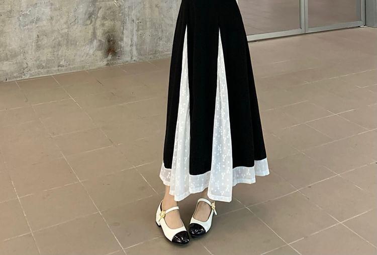 Mock Two-Piece Long Sleeve Two-Tone Bow Midi A-Line Dress Product Image