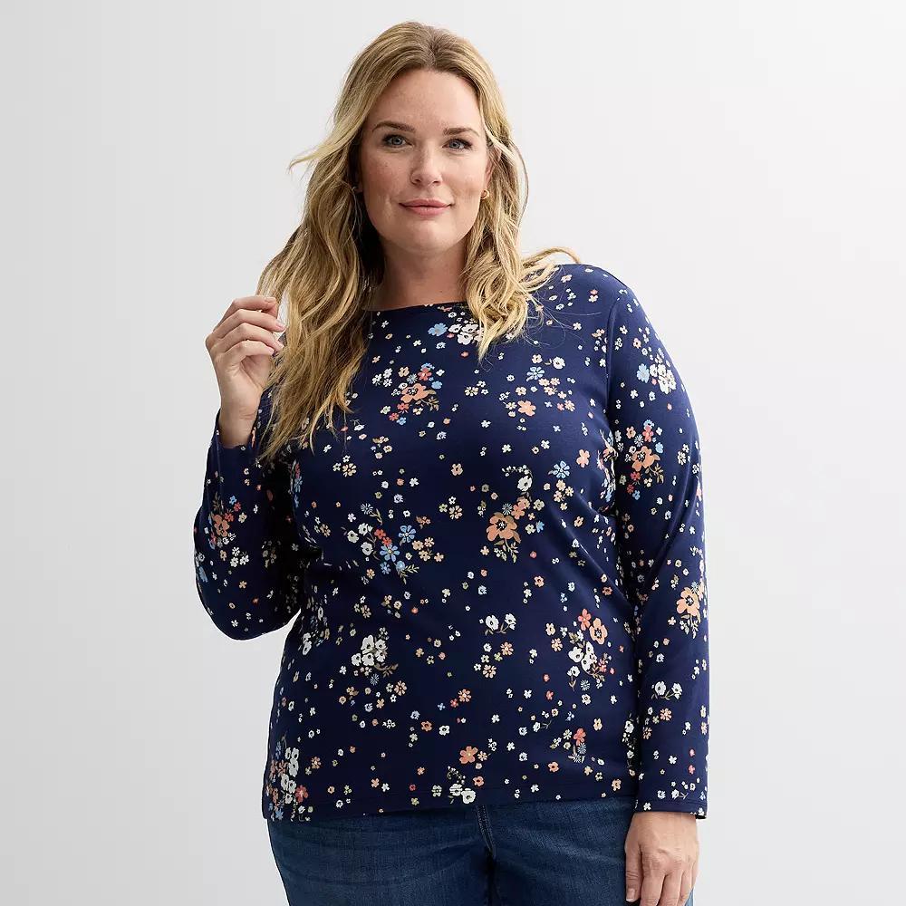 Plus Size Croft & Barrow® Essential Crewneck Long Sleeve Tee, Women's, Size: 1XL, Pink Open Garden Product Image