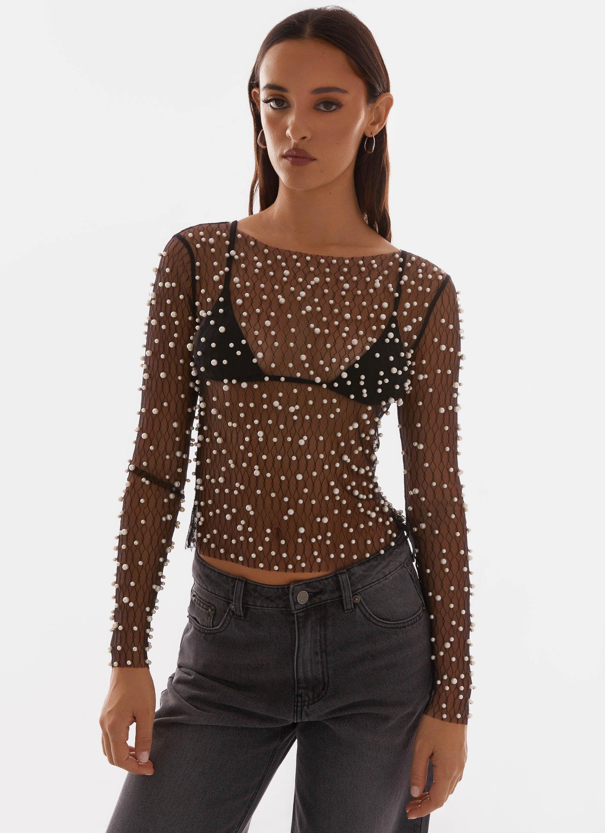 Another Universe Long Sleeve Pearl Top - Black Product Image