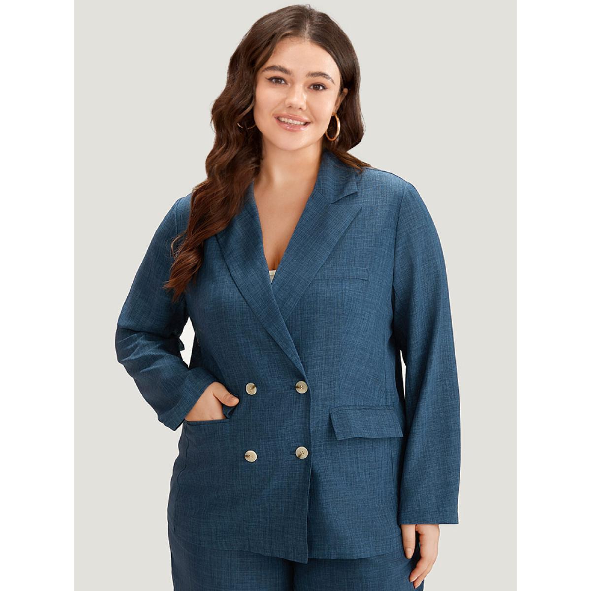 Plus Size Solid Double Breasted Suit Collar Flap Pocket Blazer Indigo Women Office Plain Texture Sleeve Long Sleeve Suit Collar 10/M Pocket At the Office Blazers BloomChic Product Image