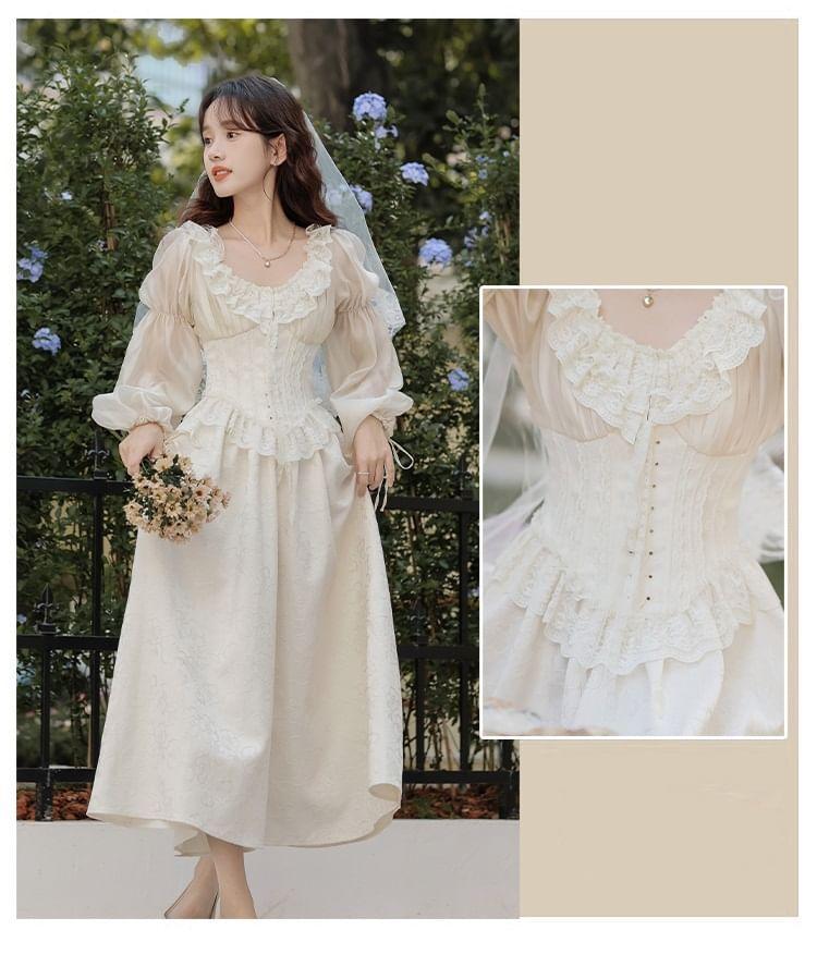 Long Sleeve Scoop Neck Ruffle Trim Midi A-Line Dress / Veil / Set Product Image