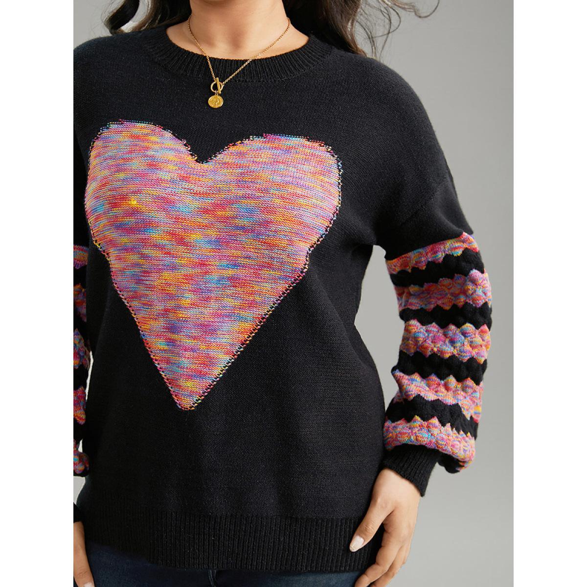 Plus Size Heart Heather Patchwork Crew Neck Pullover Black Women Casual Loose Long Sleeve Round Neck Everyday Pullovers BloomChic 14-16/1X Product Image