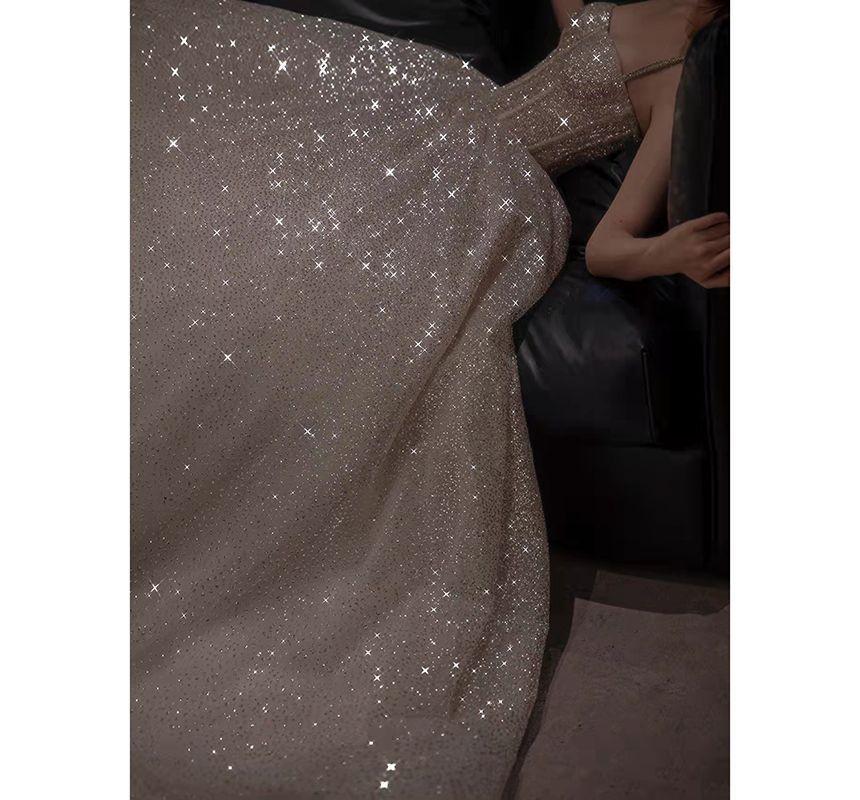 Spaghetti Strap Rhinestone Sequined A-Line Evening Gown Product Image