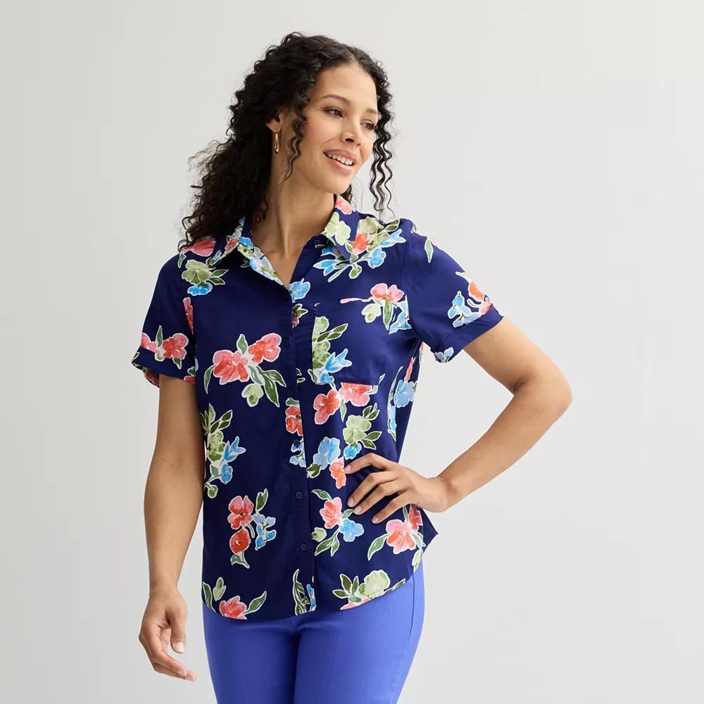 Petite Croft & Barrow® Camp Shirt, Women's, Size: XXL Petite, Blue Floral Wash Product Image